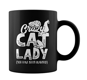 CRAZY CAT LADY MUG & COASTER SET BLACK & WHITE GOLD TEXT & RIM BOXD BLACK RIBBON