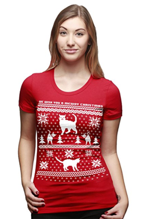 short-sleeved womens christmas cat tshirt