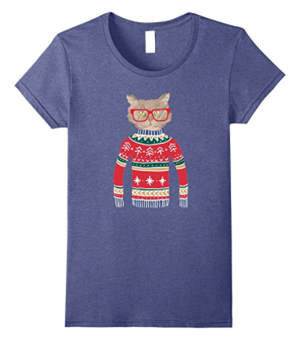 short-sleeved womens christmas cat tshirt
