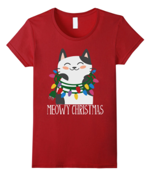 short-sleeved womens christmas cat tshirt
