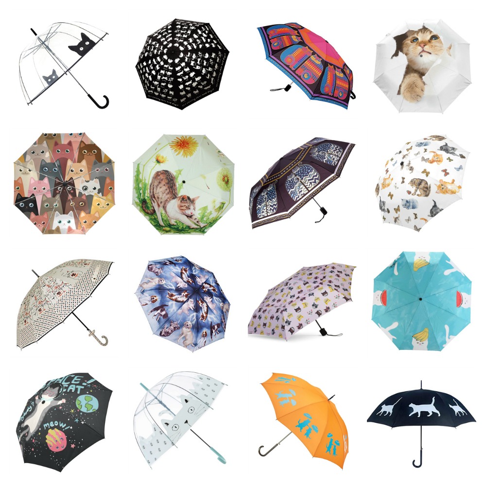 Pink Cartoon Cat Face Design Automatic Open Folding Compact Travel Umbrellas For Women 