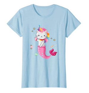3D Printed T-Shirts Magic Cat Mermaid with Horn Childish for Apparel Fabric Shor 