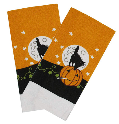 Hallows Eve Black Cat in Witch Costume With Glasses Set of Two White Kitchen Towels Halloween Themed