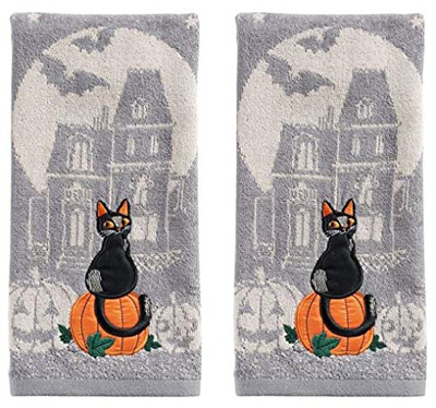 2 NEW FALL AUTUMN HALLOWEEN COTTON KITCHEN TOWELS BLACK CATS IN