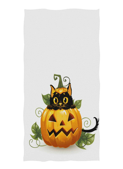 Kitchen Towel Set 2 Black Cat Pumpkin Spooky Halloween Horror Decor Terry Linen 