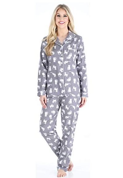 Pants Sleepwear Nightwear Women Cat Print Pajamas PJS Set Long Sleeve Top