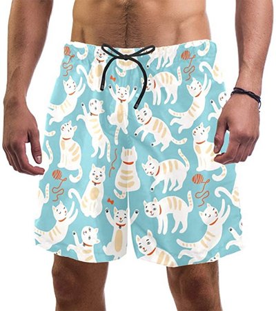 Cute Cartoon Cat Mens Beach Board Shorts Quick Dry Summer Casual Swimming Soft Fabric with Pocket 