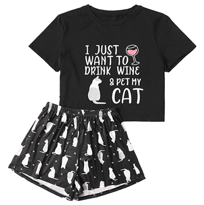 Black Cat Pajama Set With Pants for Women Black Cat Lover 