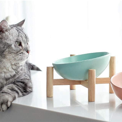 WANTRYAPET Ceramic Raised Cat Bowl with Wood Stand,Elevated Food or Water  Bowls,Pet Food Water