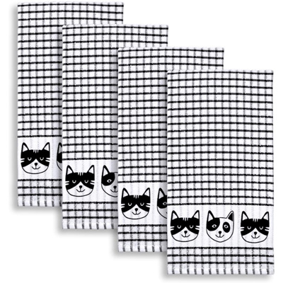 Checkered Hand Towel Black and White Kitchen Towels Cat Themed