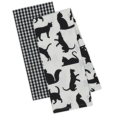 2 Checkered Hand Towel Black and White Kitchen Towels Cat Themed