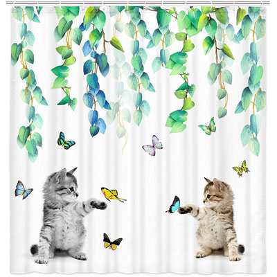 Cat Hiding In Flower Animal Shower Curtain Set Bathroom Waterproof Fabric Hooks