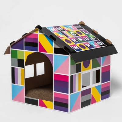 rainbow cardboard cat house for pride